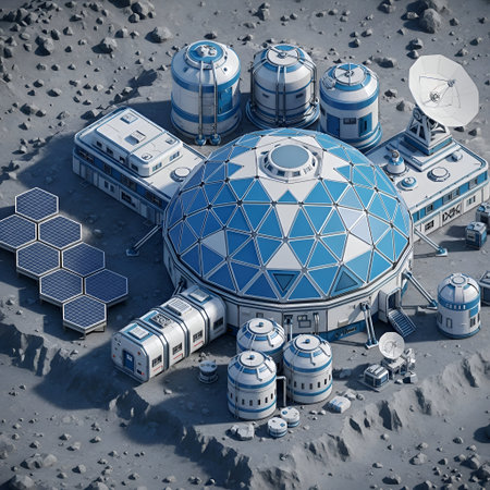 The a futuristic space colony featuring a central large blue and white dome surrounded by smaller...
