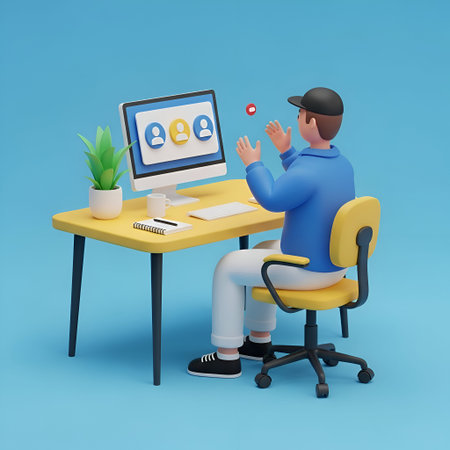 A 3D of a person wearing a blue jacket, white pants, and a black cap, sitting on a yellow chair at a yellow desk. The person is using a computer. The desk has a green plant, a coffee cup, a notebook, and a pen. The background is a solid blue color, creating a clean and focused workspace environment.の写真素材