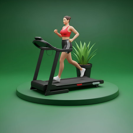 The a 3D rendering of a woman running on a black treadmill. She is dressed in a red tank black...