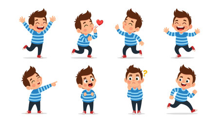 A series of animated images showing a boy running in a circle, expressing various emotions and actions.のイラスト素材