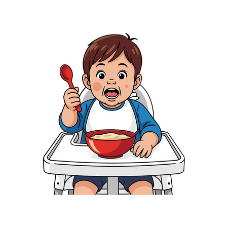 Adorable cartoon illustration of a young toddler sitting in a high chair, eagerly eating cereal from a bowl with a spoon.のイラスト素材