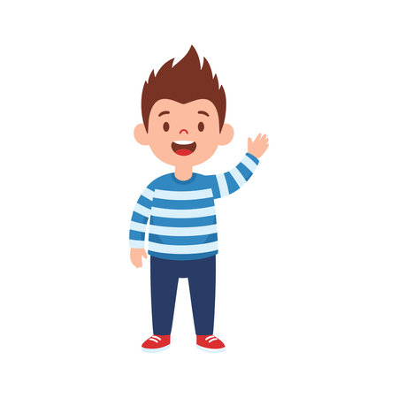 Animated illustration of a cheerful boy waving his hand, wearing a blue and white striped shirt and jeans.のイラスト素材
