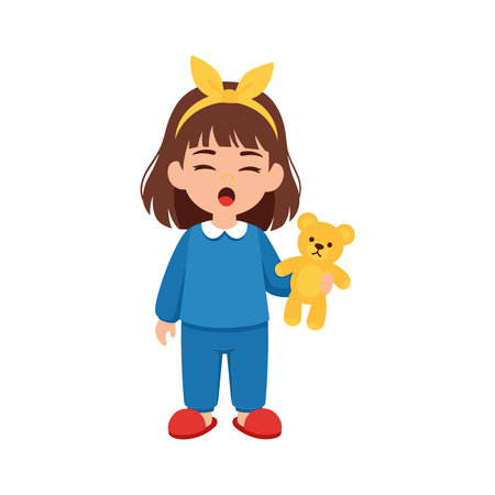 Young girl in blue pajamas and red slippers holding a teddy bear, wearing a yellow bow in her hair.のイラスト素材