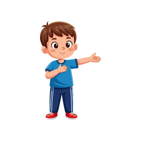 Animated illustration of a cheerful young boy pointing forward with enthusiasm, wearing a blue shirt and sports pants.のイラスト素材