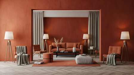Modern living room interior with warm terracotta walls, neutral toned furniture, and ambient floor...