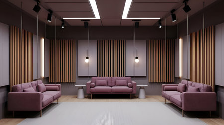 Sophisticated 3D render of a contemporary lounge featuring plush sofas and textured acoustic paneling. Modern lighting creates an inviting atmosphere. Ideal for corporate waiting areas, branding visuals, or architectural mockups.の写真素材