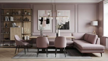 Contemporary interior design featuring a modular sofa, dining table, chairs, and shelving. Soft lighting and a muted color palette evoke sophistication. Ideal for interior design portfolios, real estate staging, or lifestyle brand campaigns.の写真素材
