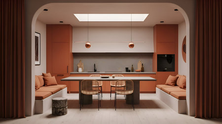 Contemporary kitchen and dining area with a minimalist aesthetic, featuring warm terracotta tones...