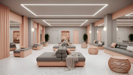 Contemporary 3D render of a serene commercial lounge with muted peach and gray tones. Ideal for boutique hotels, spas, or high-end retail branding, evoking tranquility and sophistication.の写真素材