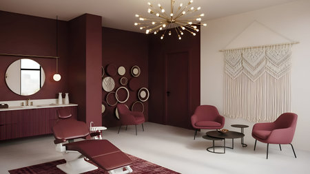 Generative AI interior scene showcasing a modern medical chair and waiting area. Employs a rich burgundy palette with soft lighting and macrame wall art, evoking comfort and professionalism. Ideal for healthcare websites, clinic design portfolios, or spa marketing.の写真素材