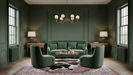 Luxurious interior scene featuring plush velvet seating, classic molding, and warm lighting. Ideal for home decor blogs, architectural visualization, or lifestyle magazines.の写真素材