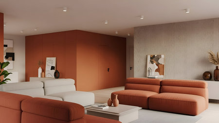 Contemporary minimalist living room showcasing modern furniture with an earthy color palette. Ideal for architectural visualization, interior design portfolios, and lifestyle blogs.の写真素材