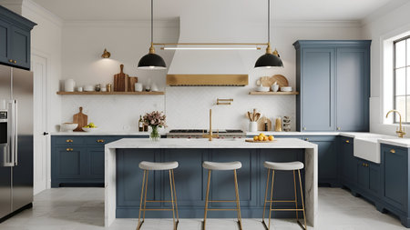 Expansive, modern kitchen design featuring deep blue cabinetry and a marble island. Ideal for interior design portfolios, real estate marketing, or home renovation inspiration.の写真素材
