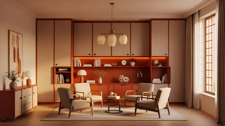 Minimalist interior rendered with warm lighting. Features contemporary seating and integrated...