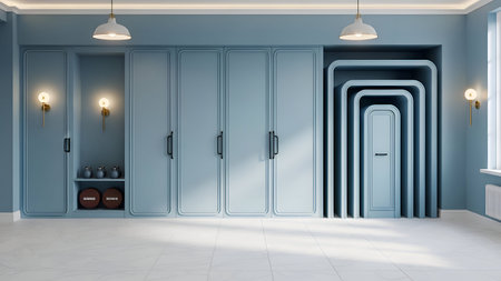 Contemporary 3D render of a minimalist blue corridor with rounded archways. Clean lighting and ample copy space. Ideal for architectural visualization, interior design portfolios, or technology concepts.の写真素材