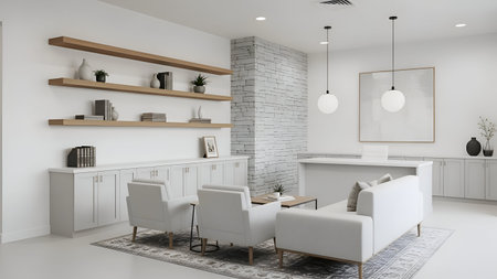 Clean, minimalist office interior with contemporary furniture and white brick accent. Ideal for...