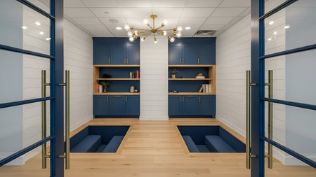 Contemporary interior photography featuring modern office lounge seating with built-in storage. High-contrast blue and natural wood tones create a sophisticated, inviting atmosphere. Ideal for corporate branding, website hero banners, or architectural visualization.の写真素材