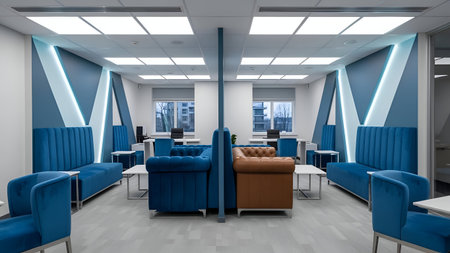 Contemporary office waiting area with plush blue seating and modern geometric wall accents. Features...