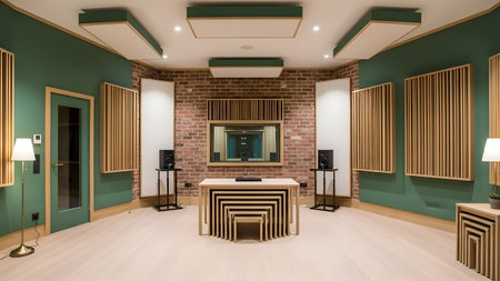 Professional sound recording studio control room with acoustic treatment, featuring soundproofing...