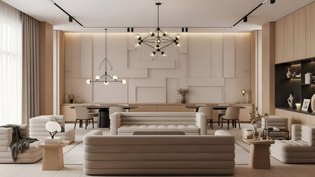 Interior of modern living room with beige walls, wooden floor, beige sofa and coffee table with...