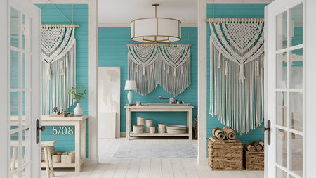 Boho chic macrame wall art on a vibrant turquoise plank wall. Soft lighting illuminates a coastal-inspired studio setting. Ideal for home decor websites, lifestyle blogs, or interior design portfolios.の写真素材