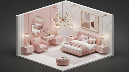 Isometric 3D render of a luxurious pink bedroom. Features a plush bed, vanity, armchair, and ornate chandelier. Ideal for interior design portfolios, real estate marketing, or lifestyle blogs.の写真素材