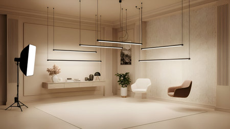 Modern interior scene featuring sleek linear suspension lighting and minimalist furniture. Soft,...