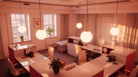 Generative AI render of a modern office with suspended globe lights and terrazzo-style desks. Warm...