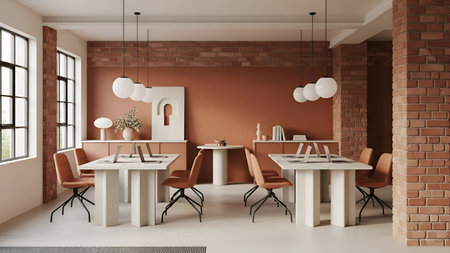 Contemporary co-working space with minimalist furniture and warm brick accents. Ideal for business concepts, interior design portfolios, or website hero banners.の写真素材