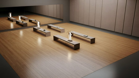 Minimalist 3D render of contemporary interior space featuring sleek benches and abstract ambient...