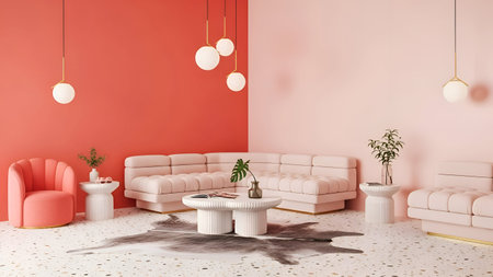 Contemporary 3D render of a chic living space with plush pink sectional sofas, scalloped armchair, and sculptural white tables. Ideal for interior design portfolios, lifestyle blogs, and e-commerce.