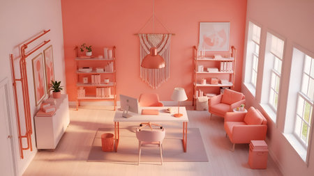 Minimalist 3D render of a coral-toned modern office with natural light. Emphasizes calm productivity. Ideal for website banners, interior design portfolios, or corporate branding.