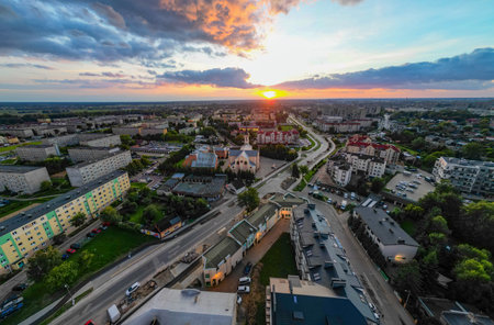 View at Pabianice city from a drone at sunsetの写真素材