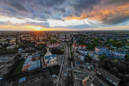 View at Pabianice city from a drone at sunset