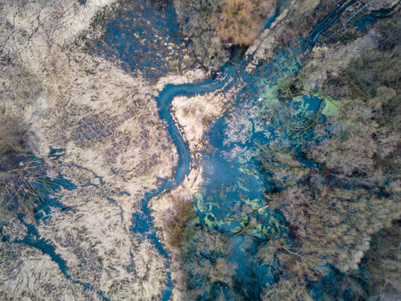 Aerial view of a small river in springtime. Drone photographyの写真素材