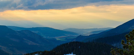 panoramic view of the Carpathian mountains at sunset, Ukraineの写真素材