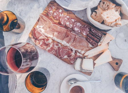 Slices of salami and cold beerの写真素材