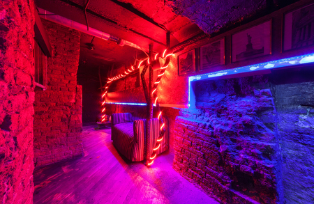 MOSCOW/RUSSIA - DECEMBER 2014. Interior art-club and restaurant The Tunnel. The illumited of the corridorのeditorial素材