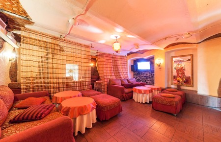 MOSCOW/RUSSIA - DECEMBER 2014. Interior art-club and restaurant The Tunnel. Hall restaurant in a classic styleのeditorial素材