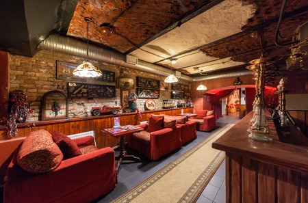 MOSCOW/RUSSIA - DECEMBER 2014. Interior art-club and restaurant The Tunnel. Hall restaurant in a retro styleのeditorial素材