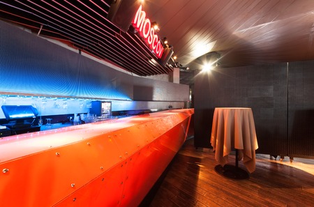 MOSCOW - JULY 2013: Interior of a modern restaurant SHAKTI TERRACE in the center of Moscow. The orange bar in the dance hallのeditorial素材
