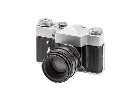 Old film camera with lens, isolated on white backgroundの写真素材