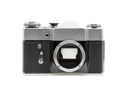 Old film camera without lens isolated on white backgroundの写真素材