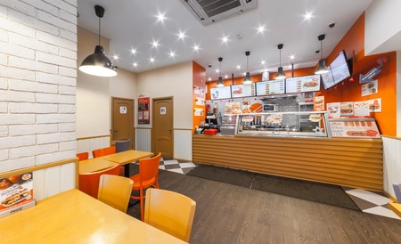 MOSCOW/RUSSIA - DECEMBER 2014. Cafe fast food - GlowSubs Sandwiches. Stand issuing an order to the cash register and the menuのeditorial素材