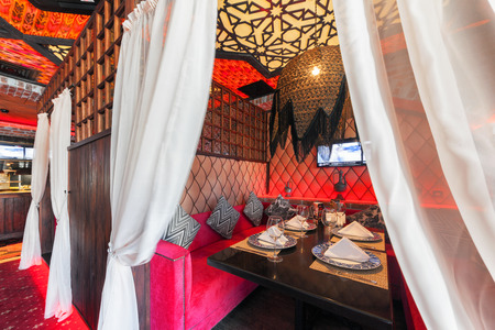 MOSCOW - AUGUST 2014: The Interior oriental restaurant "URYUK". Separate cabins for visitorsのeditorial素材
