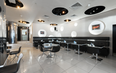 MOSCOW - JULY 2014: Modern, futuristic interior of the restaurant-club "GT BAR" in black-and-white designのeditorial素材