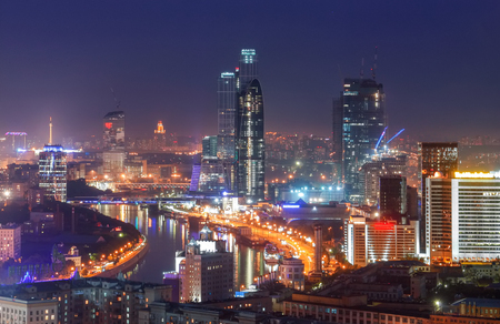 Top view of Moscow city skyline at nightの写真素材