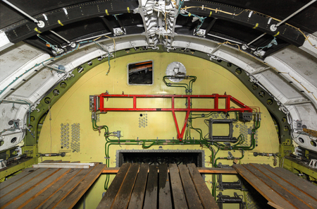The partition between the nose and the unfinished the cargo bay of the spaceshipの写真素材