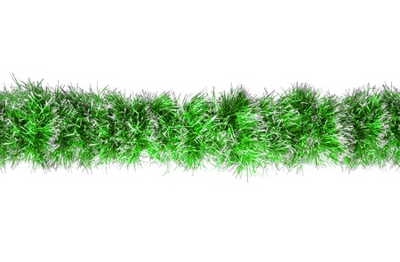 Seamless Christmas green silver tinsel. Isolated on a white background.の写真素材