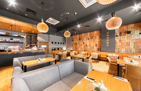 MOSCOW - AUGUST 2014: Interior of a Japanese restaurant bar and lounge "KABUKI". Modern and stylish design of the hallのeditorial素材